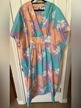 Hilo Hattie Hawaii Queen Size Caftan Maxi Dress Adjustable Waist Tie